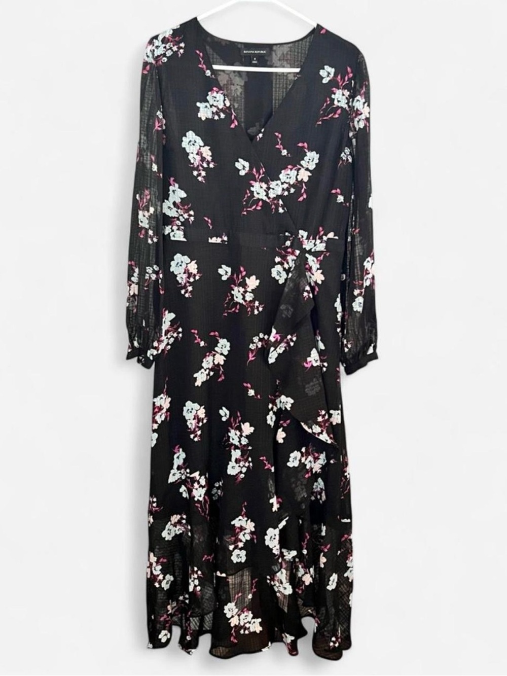 Banana Republic Black Floral Long-Sleeve Wrap Maxi Dress